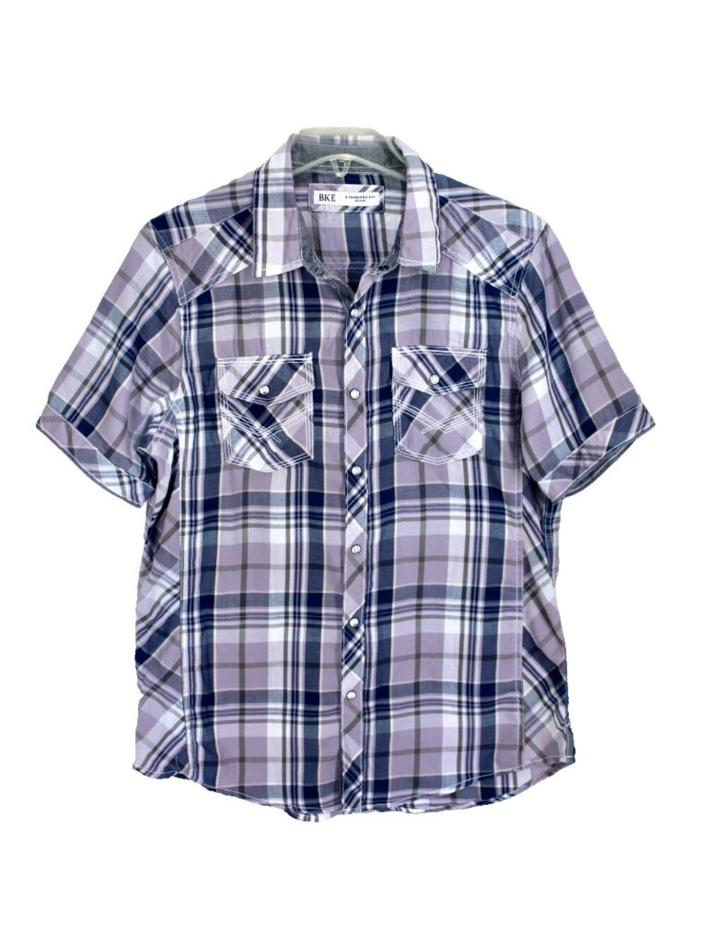 BKE Pearl Snap Shirt Mens Size M Purple Blue Plaid Standard Fit Short Sleeve